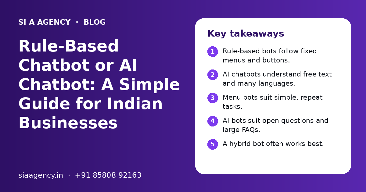 Rule-Based Chatbot or AI Chatbot: A Simple Guide for Indian Businesses: key takeaways infographic